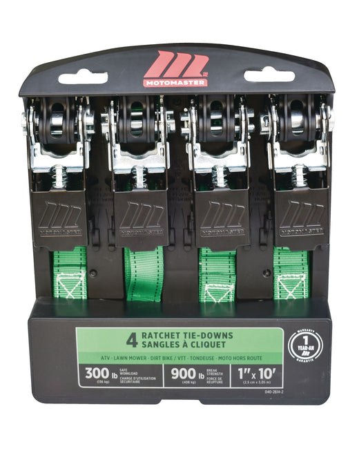 MotoMaster 900-lb Ratchet Tie-Down Straps, Non-Padded, 1-in x 10-ft, 4-pk