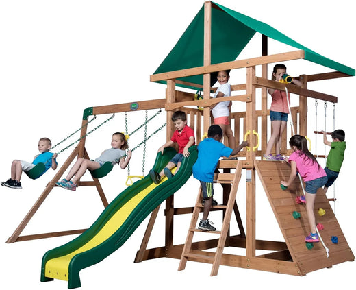 Mount Mckinley Cedar Wood Swing Set with Wave Slide, Play Deck, Double Rock Wall, Rope Ladder, Web Swing, Belt Swings, Toy Telescope,...