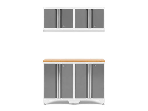 NewAge Bold 3.0 Series All-in-One Lockable Steel Garage Cabinetry Set with Bamboo Top, White/Platinum, 48-in x 18-in x 76.75-in, 5-pc