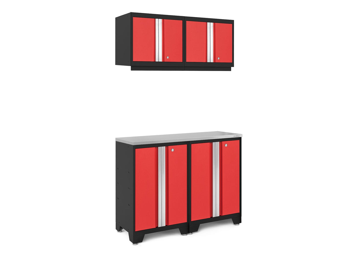 NewAge Bold 3.0 Series All-in-One Lockable Steel Garage Cabinetry Set with Stainless Steel Top, Black/Red, 48-in x 18-in x 76.75-in, 5-pc