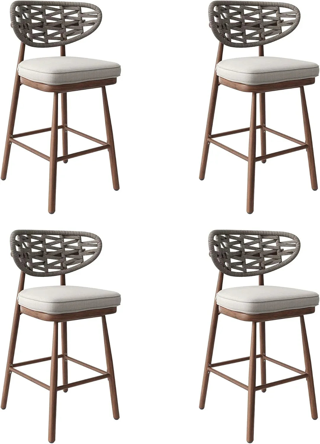 Outdoor Bar Stools Set of 2,Rattan Barstools Woven,29'' Bar Height Stools with Backrest and Teak Leg,aluminum Bar Chairs Boho Bar Stool with...