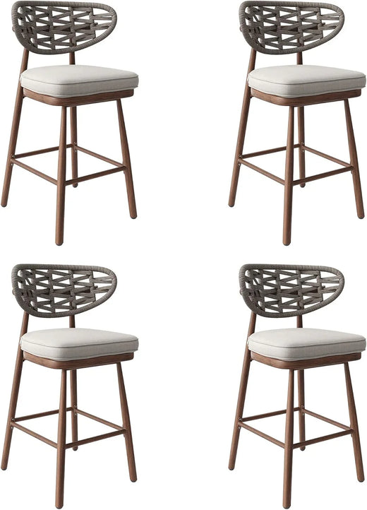 Outdoor Bar Stools Set of 2,Rattan Barstools Woven,29'' Bar Height Stools with Backrest and Teak Leg,aluminum Bar Chairs Boho Bar Stool with...