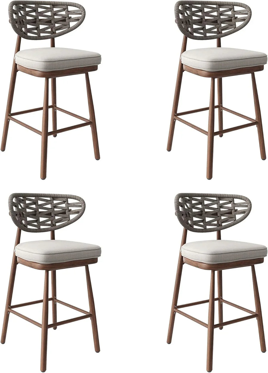 Outdoor Bar Stools Set of 2,Rattan Barstools Woven,29'' Bar Height Stools with Backrest and Teak Leg,aluminum Bar Chairs Boho Bar Stool with...