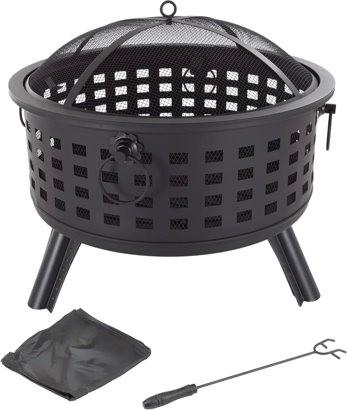 Outdoor Fire Pit - 26-Inch Round Lattice Wood Burning Firepit with Screen, Poker, Grate and Cover - Wood Fire Pits & Outdoor Fireplaces by...