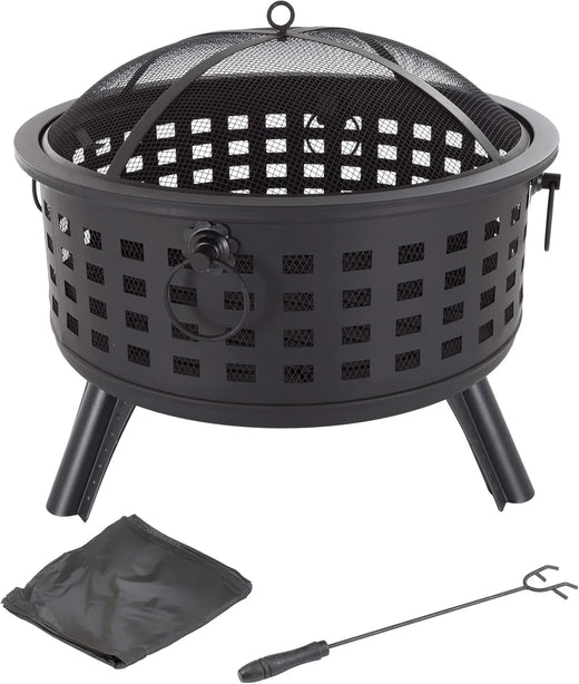 Outdoor Fire Pit - 26-Inch Round Lattice Wood Burning Firepit with Screen, Poker, Grate and Cover - Wood Fire Pits & Outdoor Fireplaces by...