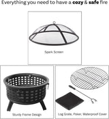 Outdoor Fire Pit - 26-Inch Round Lattice Wood Burning Firepit with Screen, Poker, Grate and Cover - Wood Fire Pits & Outdoor Fireplaces by... image 4