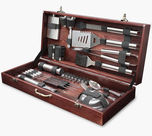 Outdoor Grill Accessories for Barbeque - Outdoor Grill Accessories for Barbeque - Premium Grill Tool Sets - Dark Wood Case Grilling Set -...