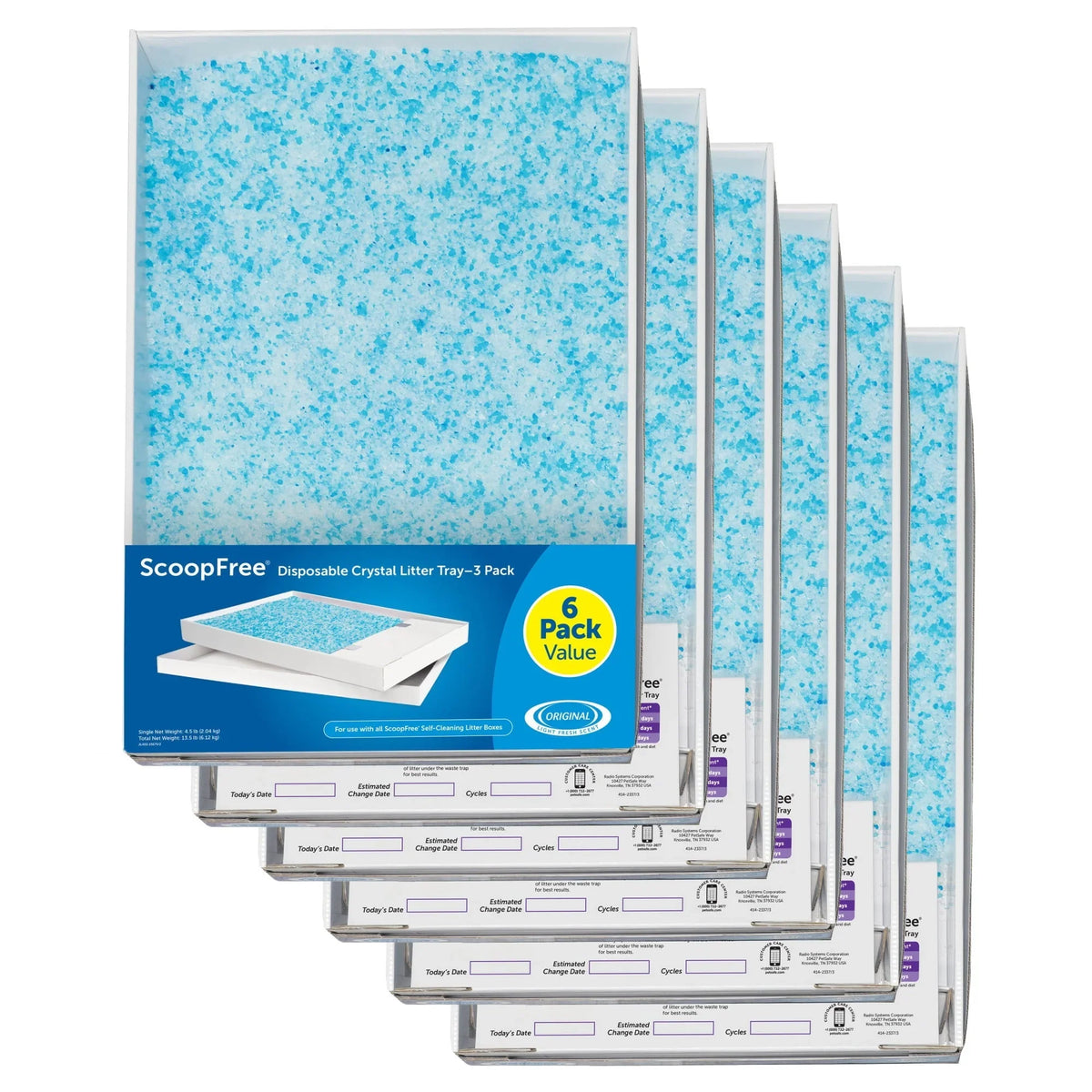 Scoopfree Complete Replacement Blue Crystal Litter Tray 6 Pack Easy Cleanup with Disposable Tray Includes Leak Protection and Low Tracking Litter