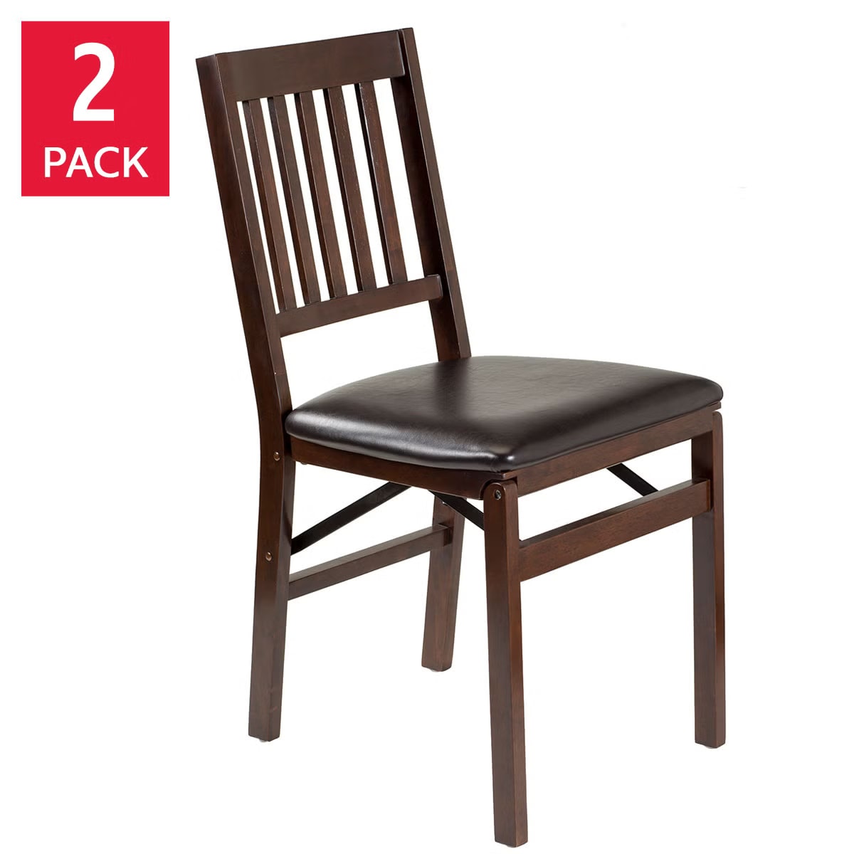 Stakmore Wood Folding Chair with Bonded Leather Seat, Espresso, 2-pack
