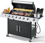 Upgraded 4 Burner Bbq Propane Gas Grill with Cast Iron Grates & Side Stove, 44,000 BTU Stainless Steel Burner Barbecue Grill for Patio,...