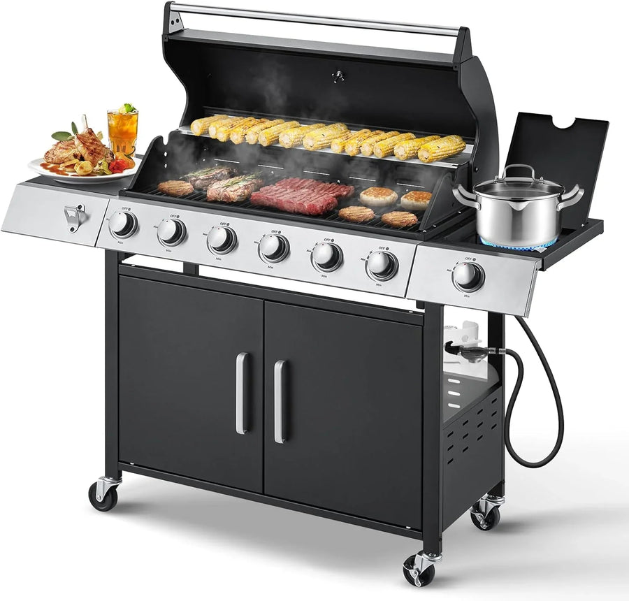 Upgraded 4 Burner Bbq Propane Gas Grill with Cast Iron Grates & Side Stove, 44,000 BTU Stainless Steel Burner Barbecue Grill for Patio,...
