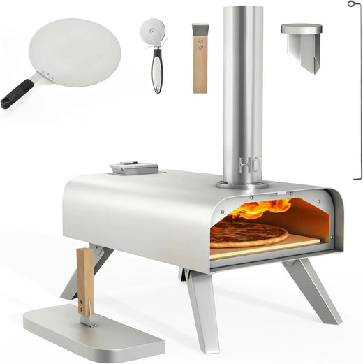 Wood-fired Outdoor Pizza Oven, 12-inch Portable Pellet Pizza Oven, Equipped with Pizza Tongs and Pizza Cutter, Stainless Steel Silver Pizza...